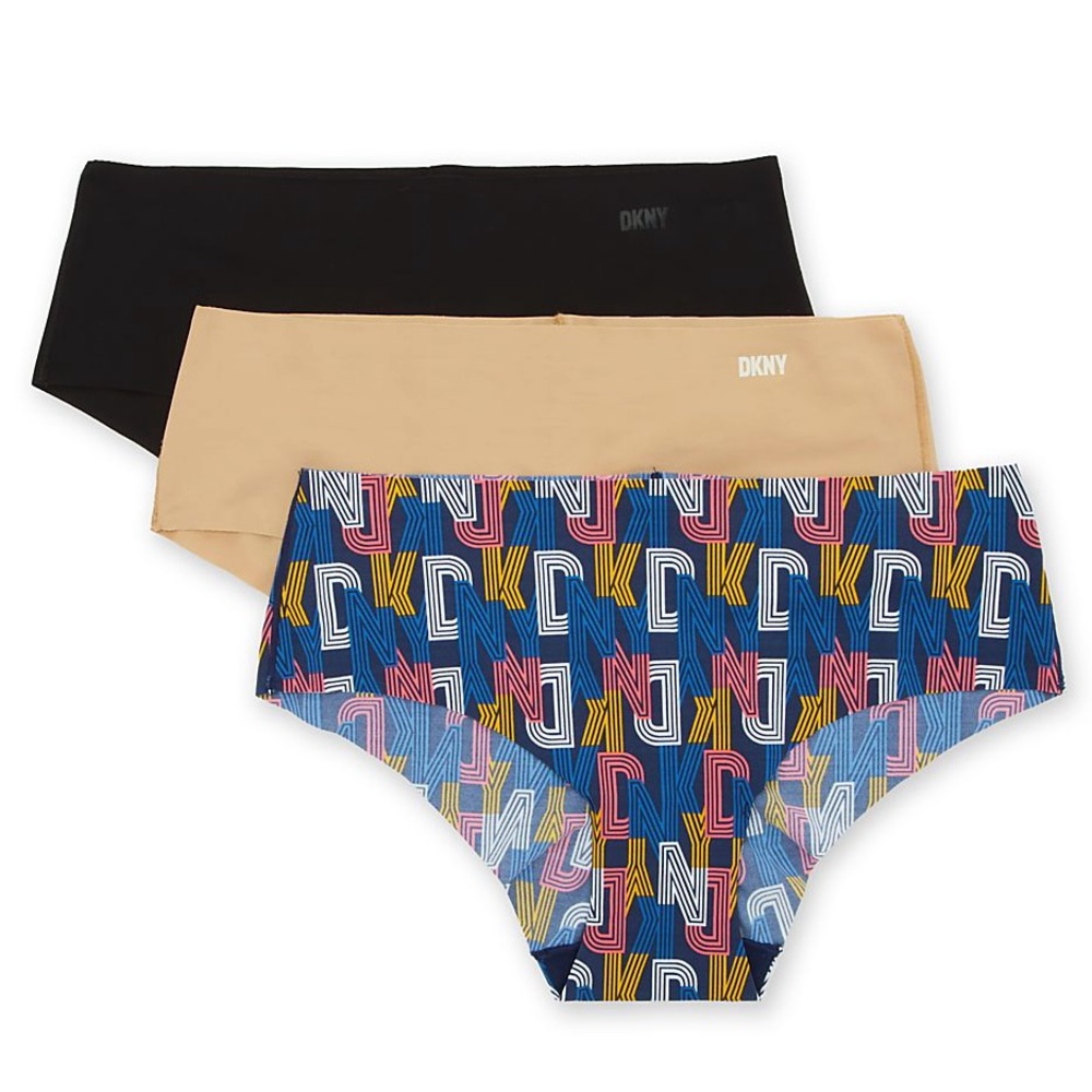 DKNY 3 PACK CUT ANYWHERE HIPSTER PANTY MULTI PACK SIZE LARGE BLACK/NUDE/LOGO